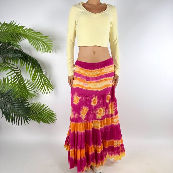 Vintage Y2K Pink Tie Dye Boho Fairycore Low Rise Beachy Hippie Maxi Skirt / L - Picture 3 of 9
